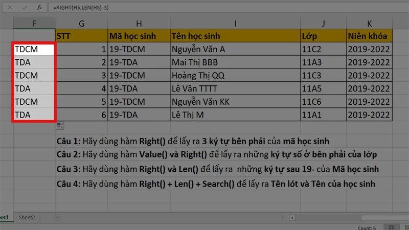 Hàm RIGHT trong Excel: Cách cắt chuỗi bên phải, có ví dụ minh họa