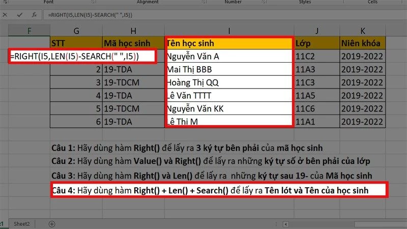 Hàm RIGHT trong Excel: Cách cắt chuỗi bên phải, có ví dụ minh họa