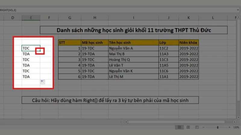 Hàm RIGHT trong Excel: Cách cắt chuỗi bên phải, có ví dụ minh họa