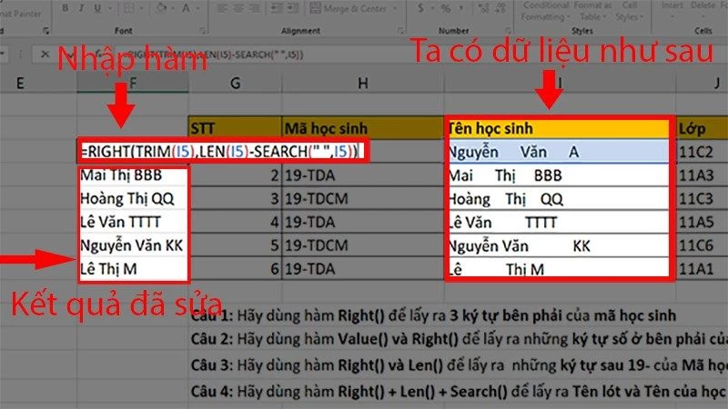 Hàm RIGHT trong Excel: Cách cắt chuỗi bên phải, có ví dụ minh họa