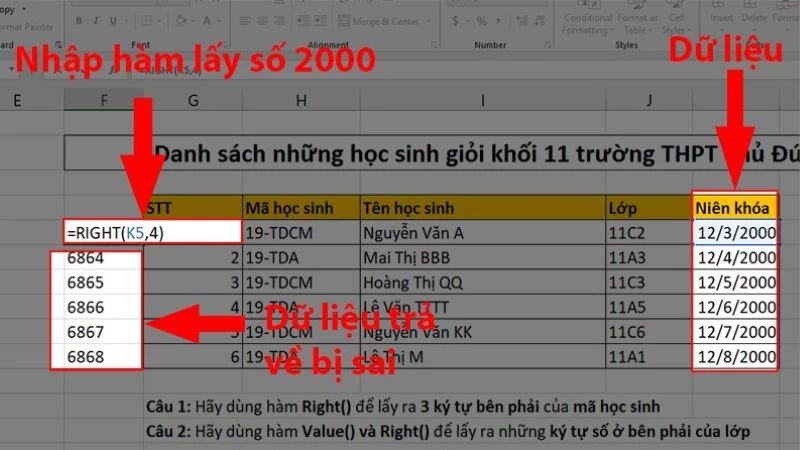 Hàm RIGHT trong Excel: Cách cắt chuỗi bên phải, có ví dụ minh họa