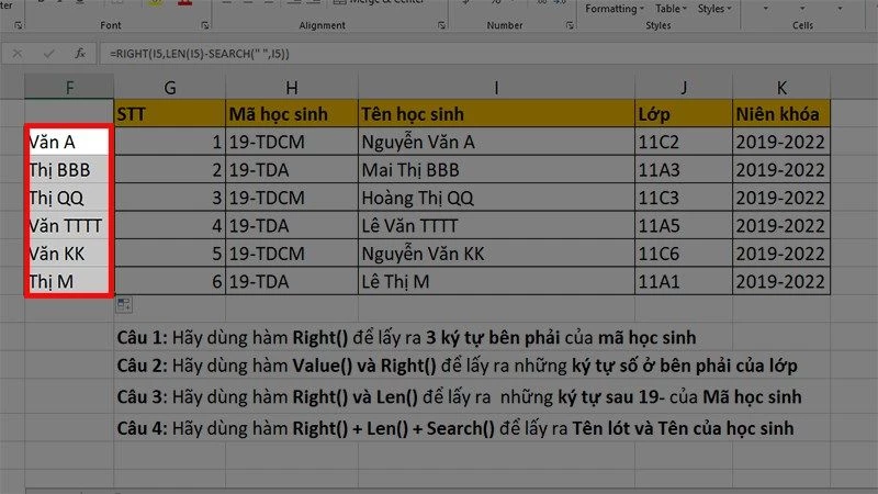 Hàm RIGHT trong Excel: Cách cắt chuỗi bên phải, có ví dụ minh họa