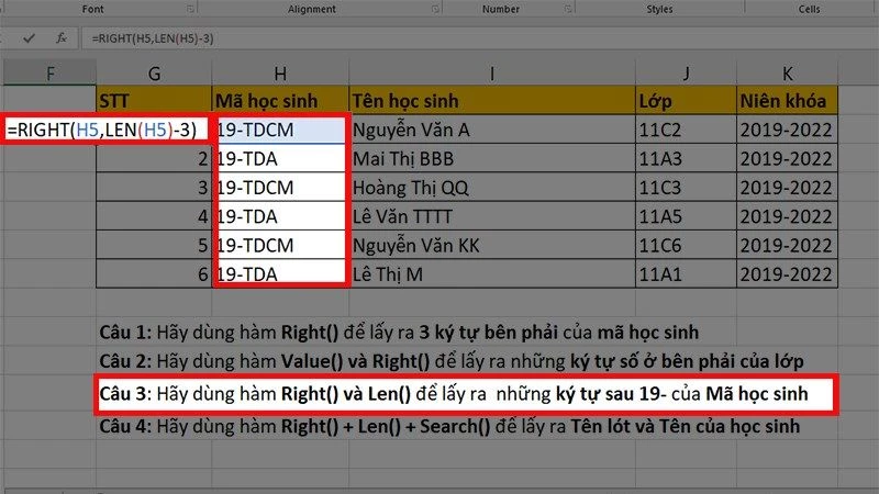 Hàm RIGHT trong Excel: Cách cắt chuỗi bên phải, có ví dụ minh họa