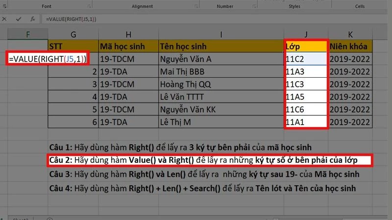 Hàm RIGHT trong Excel: Cách cắt chuỗi bên phải, có ví dụ minh họa